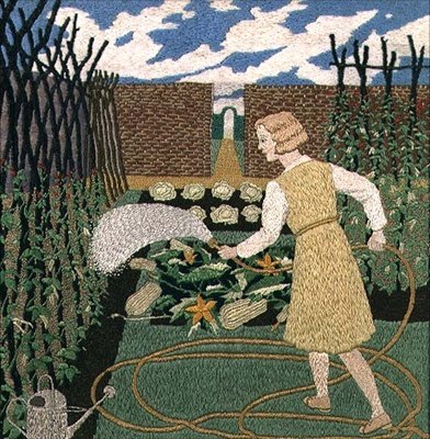 Eine Frau gießt den Garten von Tirzah Ravilious