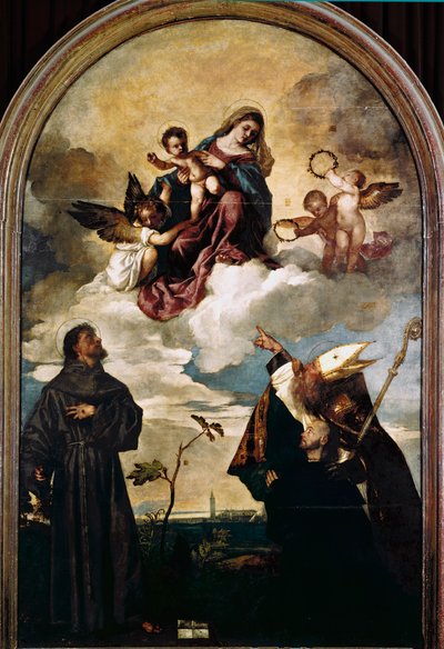 Madonna in Herrlichkeit mit Kind, den Heiligen Franziskus und Alvise und dem Stifter Luigi Gozzi von Titian (c.1488 1576)