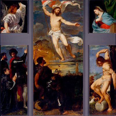 Die Auferstehung, Die Jungfrau, Heiliger Sebastian und die Sponsoren (Averoldi-Polyptychon) von Titian (c.1488 1576)