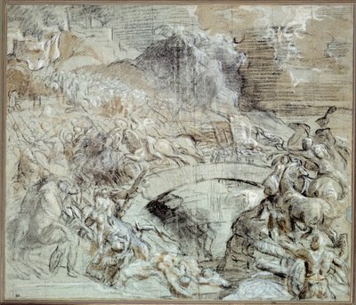 Kriege Italiens: „Die Schlacht von Cadore“ um 1508, als die Stadt Pieve di Cadore sich mit den Venezianern gegen die Truppen von Maximilian I. von Habsburg verbündete. Zeichnung mit schwarzem Stein und Waschung von Tiziano Vecellio (1485-1576) genannt Tizi von Tiziano Vecelli