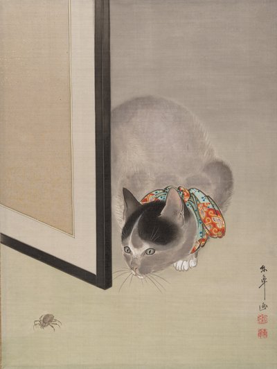 Katze beobachtet eine Spinne, ca. 1888-92 von Toko Oide