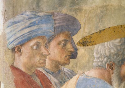 St. Peter tauft die Neophyten: Detail von zwei turbantragenden Beobachtern, ca. 1427 Fresko von Tommaso Masaccio