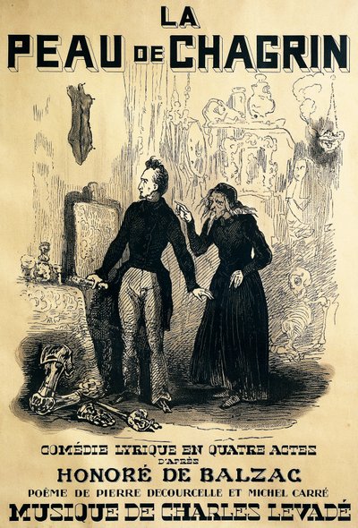 Plakat für Le peau de chagrin, komische Oper, Libretto von Pierre Decourcelle und Michel Carre, Musik von Charles Levade, nach dem Roman von Honore De Balzac, Zeichnung von Tony Johannot von Tony Johannot