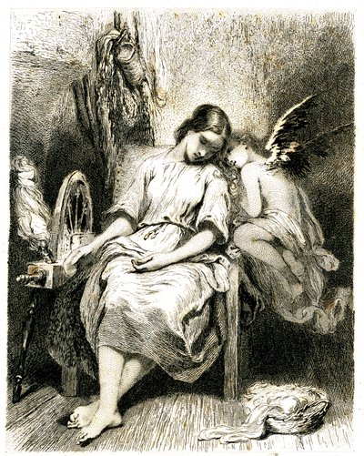 Junge Frau (Spinnerin) schläft an ihrem Rad - ein Engelchen lehnt sich über ihre Schulter - Schlaf - Traum - Träumerei - Liebe - Gravur (Radierung 1845) von Tony Johannot (Antoine Johannot genannt) von Tony Johannot