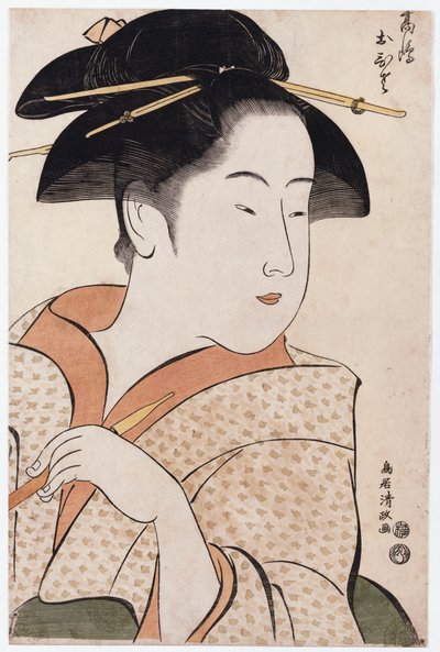 Ein Brustporträt von Ohisa von der Takashimaya, die eine Tabakpfeife hält von Torii Kiyomasa
