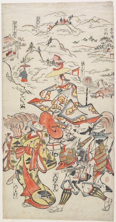 Fujiwara no Teika zu Pferd begleitet von O_e Saemon und der Frau Nowake, um 1710 von Torii Kiyomasu II