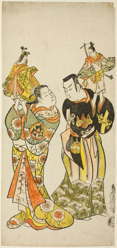 Die Schauspieler Yamashita Kinsaku I und Hayakawa Hatsuse als Puppenspieler im Stück "Tagebuch einer Seereise nach Izu" ("Funadama Izu Nikki"), aufgeführt im Nakamura-Theater im ersten Monat, 1725 von Torii Kiyomasu II