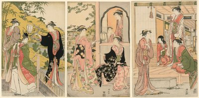 Eine moderne Version von Ushiwakamaru, der Prinzessin Joruri ein Ständchen bringt von Torii Kiyonaga