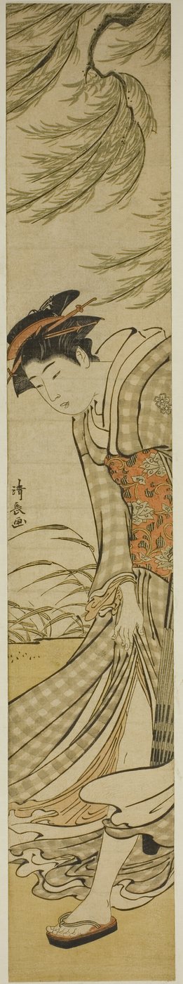 Kurtisane unter einem Weidenbaum an einem windigen Tag von Torii Kiyonaga