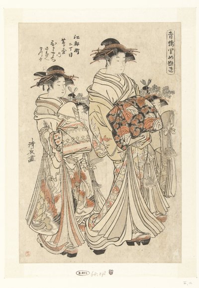 Kurtisane Hitomachi aus dem Tsutaya-Haus mit ihren Kamuro Sanae und Matsuyo von Torii Kiyonaga
