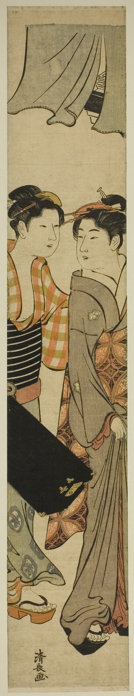 Geisha und ihre Dienerin tragen eine Shamisen-Box von Torii Kiyonaga