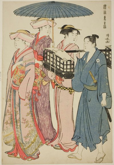 Auf dem Weg zu einem Picknick, aus der Serie "Ein Brokat der östlichen Sitten" von Torii Kiyonaga