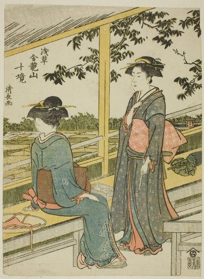 Teesalon mit Blick auf Reisfelder, aus der Serie "Zehn Bezirke des Kinryuzan-Tempels in Asakusa (Asakusa Kinruzan jikkei)" von Torii Kiyonaga