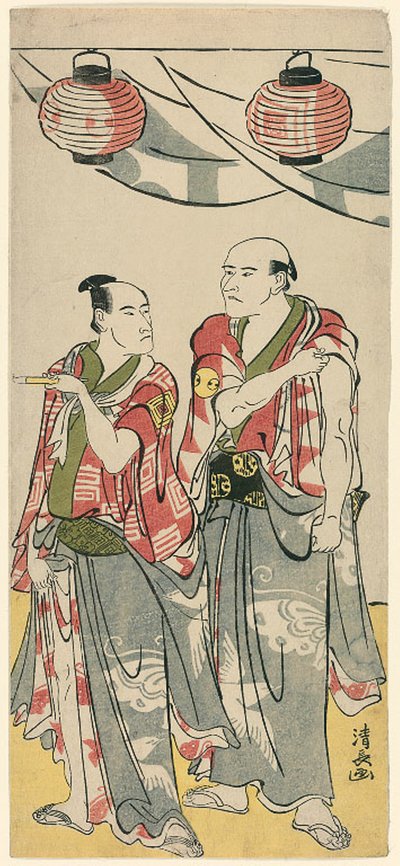 Die Schauspieler Arashi Ryuzo II und Ichikawa Komazo III, aus einem Pentaptychon von elf Schauspielern, die das Fest des Schreins der Soga-Brüder feiern von Torii Kiyonaga