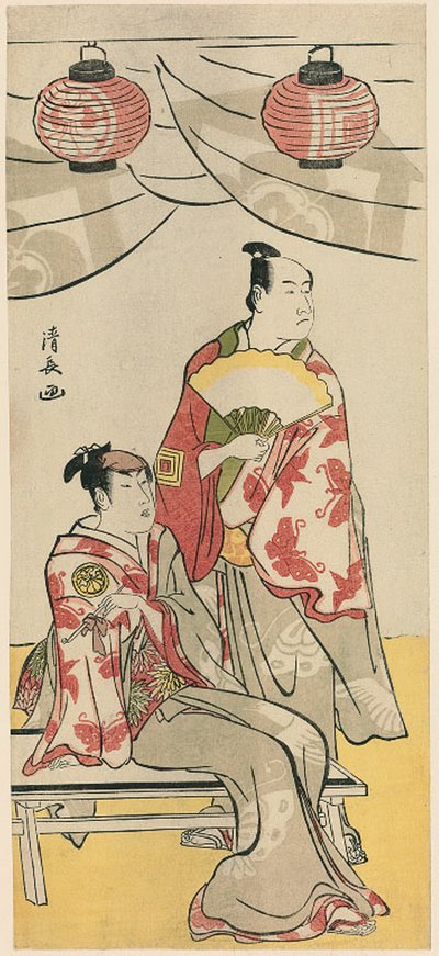 Die Schauspieler Ichikawa Monnosuke II und Segawa Kikunojo III, aus einem Pentaptychon von elf Schauspielern, die das Fest des Schreins der Soga-Brüder feiern von Torii Kiyonaga