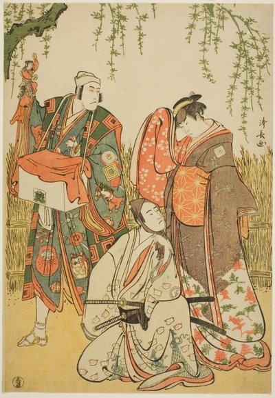 Die Schauspieler Ichikawa Yaozo III als Shiragiku, Ichikawa Danjuro V als der Puppenspieler Dekurokubei und Sawamura Sojuro III als Soga no Juro, im Joruri "Shinobukoi Yanagi no Katsura Otoko", aufgeführt im Nakamura-Theater im ersten Monat, 1785 von Torii Kiyonaga