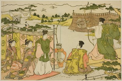 Das erste Bogenschießen des neuen Jahres, aus dem illustrierten Buch "Farben der dreifachen Morgendämmerung" von Torii Kiyonaga