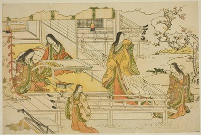 Die erste Kalligraphie des neuen Jahres (Kissho hajime), aus dem illustrierten Buch "Farben der dreifachen Morgendämmerung (Saishiki mitsu no asa)" von Torii Kiyonaga