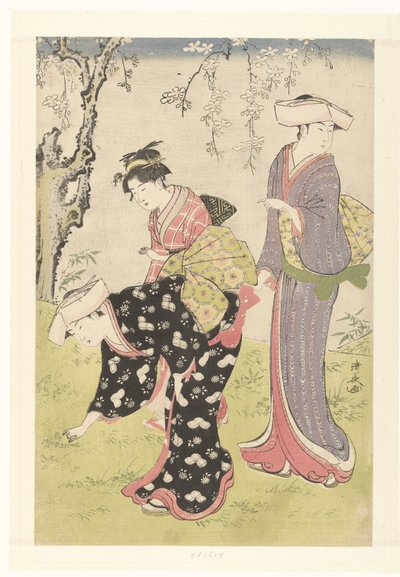 Zwei Frauen und ein Mädchen unter einem blühenden Kirschbaum von Torii Kiyonaga