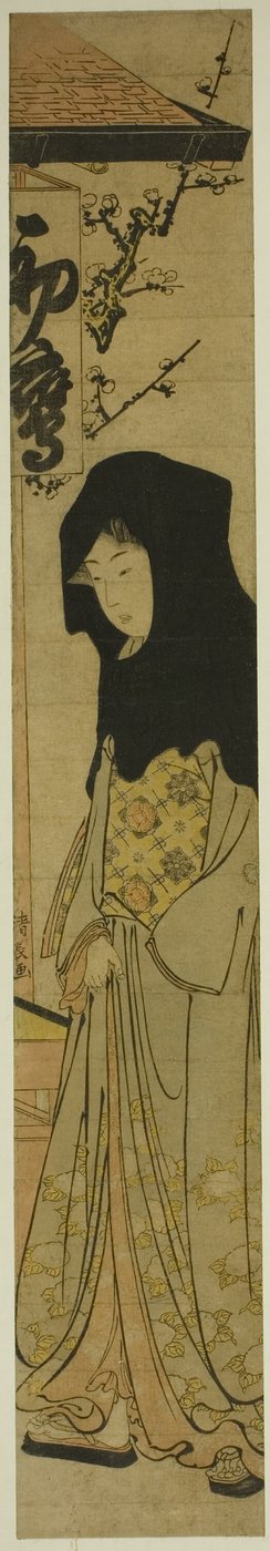 Frau mit schwarzer Kapuze vor dem Hatsutaka-Teesalon von Torii Kiyonaga