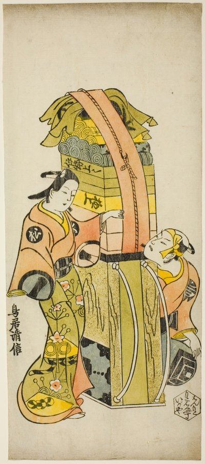 Die Schauspieler Ichikawa Danjuro II als Kamada Matahachi und Ichikawa Monnosuke I als Hisamatsu im Stück "Osome Hisamatsu Shinju Tamoto no Shirashibori," aufgeführt im Morita Theater, 1720 von Torii Kiyonobu I