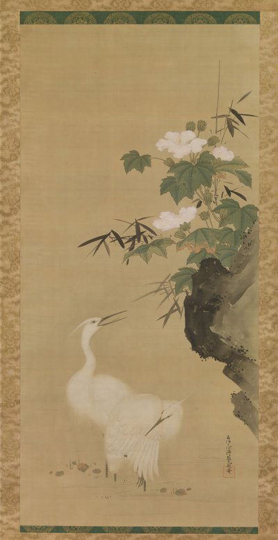 Reiher und Baumwollrosen von Tosa Mitsuoki