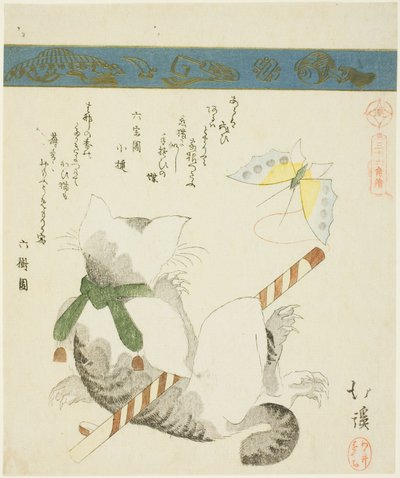 Katze spielt mit einem Spielzeug-Schmetterling, aus der Serie "Sechsunddreißig Bilder von Vögeln (Sanjuroku kinzoku)" von Totoya Hokkei