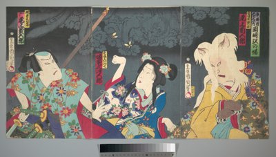 Onoe Kikugorō V als Otowake Neko no ke (Rechts), Bandō Mitsugorō IV als Aishō Michinoku (Mitte), Onoe Kikugorō V als Isogai Mibunosuke (Links) im Kabuki-Stück Tōkai Kidan Nekomata Yashiki von Toyohara Kunichika