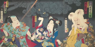 Onoe Kikugoro V als Otowake Neko no ke Rechts, Bando Mitsugoro IV als Aisho Michinoku Cent..., 1870 von Toyohara Kunichika