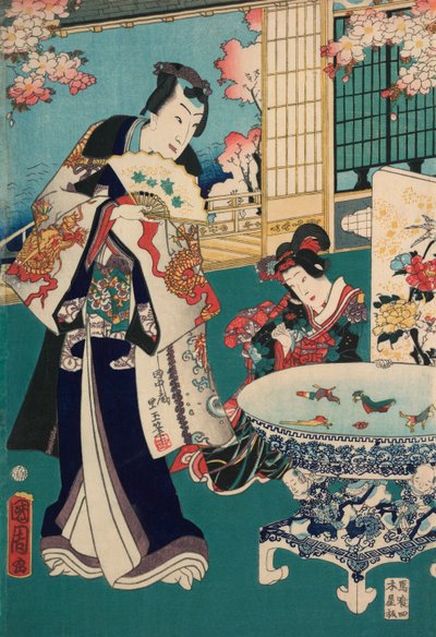 Frühlingsausflug in einer Villa Diptychon: Mann im Inneren von Toyohara Kunichika