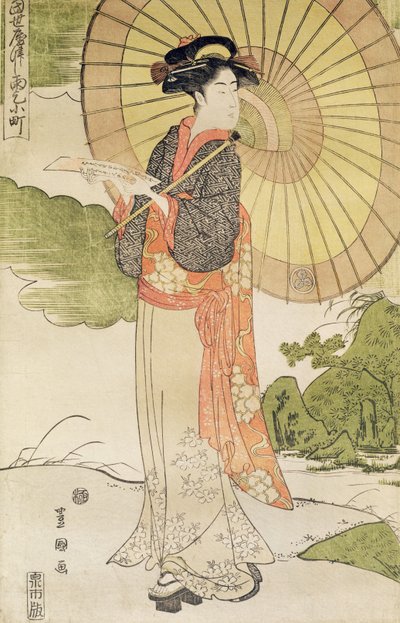 Stehende Frau mit Sonnenschirm (Farbholzschnitt) von Toyokuni II
