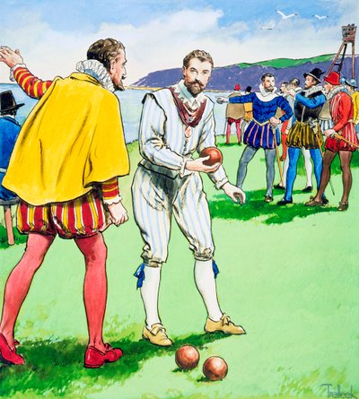 Sir Francis Drake spielt Bowls auf Plymouth Hoe, 1588 ca. 1900 von Trelleek