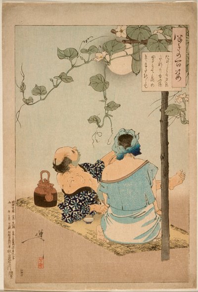 Ein Paar erfreut sich an der blühenden Abendgesichtslaube von Tsukioka Yoshitoshi