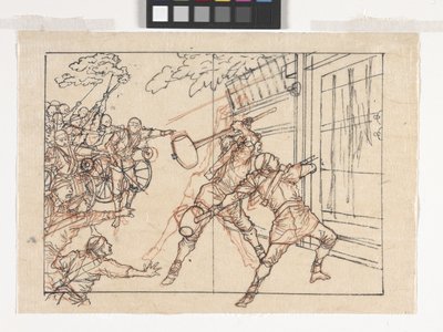 Zeichnung von Soldaten, die ein Tor stürmen von Tsukioka Yoshitoshi