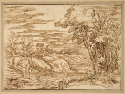 Flusslandschaft mit einem sitzenden Mann mit Turban und einem Jungen, der im Vordergrund ein Pferd führt, nach der Radierung B.8, Titian zugeschrieben von Ubekendt Ubekendt