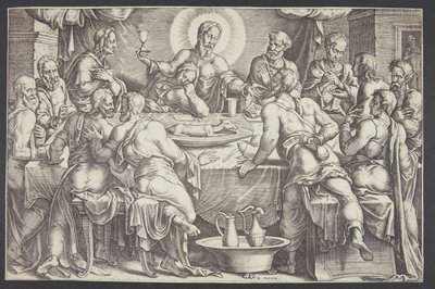 Christus sagt den Verrat des Judas Iskariot beim letzten Abendmahl voraus von Ubekendt efter Maarten van Heemskerck