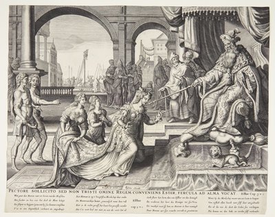 Esther vor Ahasverus, ihn zu einem Bankett einladend von Ubekendt efter Philips Galle efter forlæg af Maarten van Heemskerck