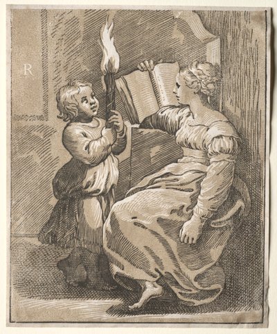 Sibylle liest mit einem Kind, das eine Fackel hält, 1518-1527 von Ugo da Carpi