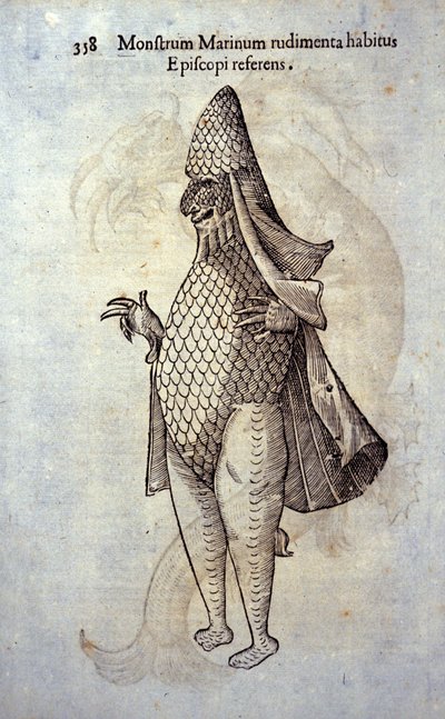 Der See-Eveque, imaginärer Fisch und Meeresmonster von Ulisse Aldrovandi (1522-1605), „Monstrorum Historiae“, Bologna 1642 von Ulisse Aldrovandi