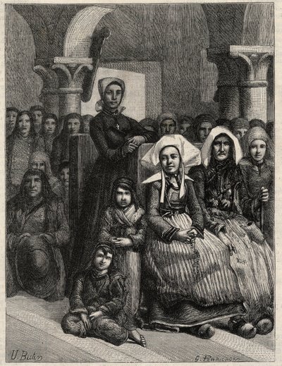 Eine Predigt in einer Kirche in der Bretagne, Zeichnung von M.U. Loot. Gravur in „L