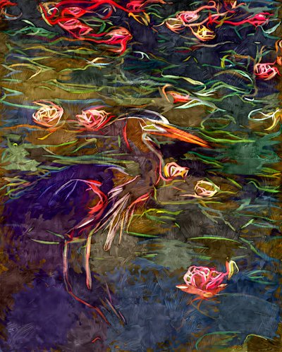 Malerischer Reiher und Seerosen von Uma Gokhale
