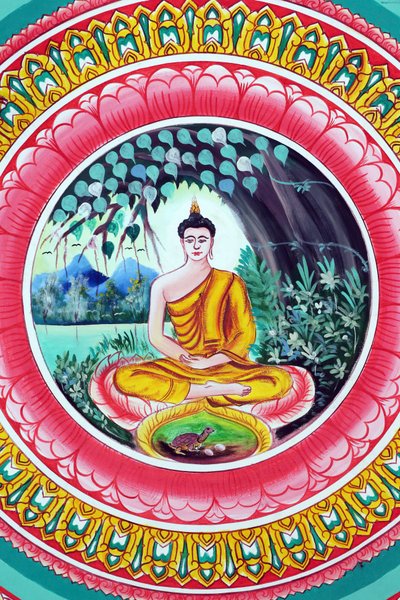 20151029, Vientiane, Laos: Wat Inpeng buddhistischer Tempel. Malerei, die die Lebensgeschichte von Shakyamuni Buddha darstellt. Buddha sitzt in der Meditationspose von Unbekannt