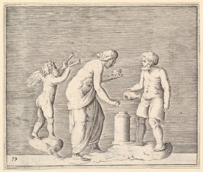 Eine Frau und ein Mann opfern in Gegenwart von Amor, veröffentlicht ca. 1599-1622 von Unbekannt