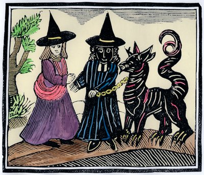 Eine schwarze und eine weiße Hexe mit einem Teufelstier von Unbekannt