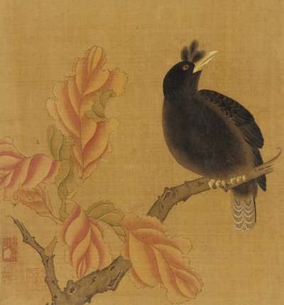 Eine Amsel auf einem Ast, Herbstblätter, Qing-Dynastie, 18. Jahrhundert von Unbekannt