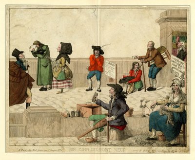 Eine Ecke des Pont Neuf, Paris, mit lahmen Bettlern und Straßenverkäufern, ca. 1813 von Unbekannt