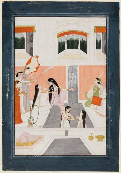 Eine Dame bei ihrer Toilette hört Musik neben einem Palastwasserfall, um 1780 von Unbekannt