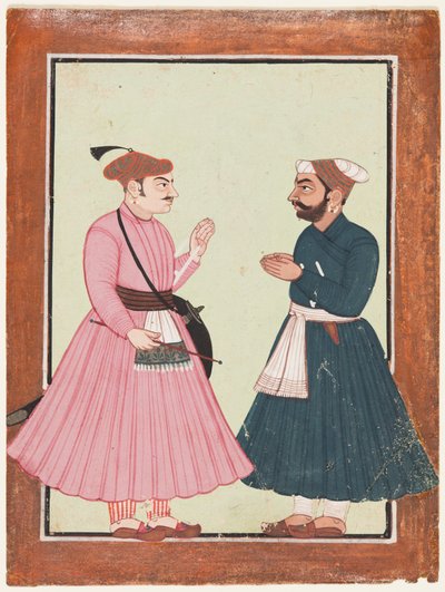 Ein Adliger, wahrscheinlich Raja Gaur Sen, empfängt einen anderen Adligen, ca. 1700-20 von Unbekannt