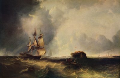 Ein Schiff und Männer in einem Ruderboot vor Calais, ca. 1830, 1938 von Unbekannt
