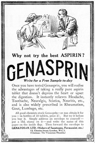 Werbung für Genasprin, eine geschützte Marke des Medikaments Aspirin, 1919 von Unbekannt